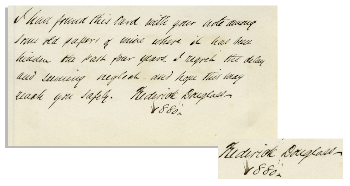 Frederick Douglass Autograph Note Signed to the Son of Abolitionist William Lloyd Garrison -- Written in 1880 Shortly After Garrison's Death